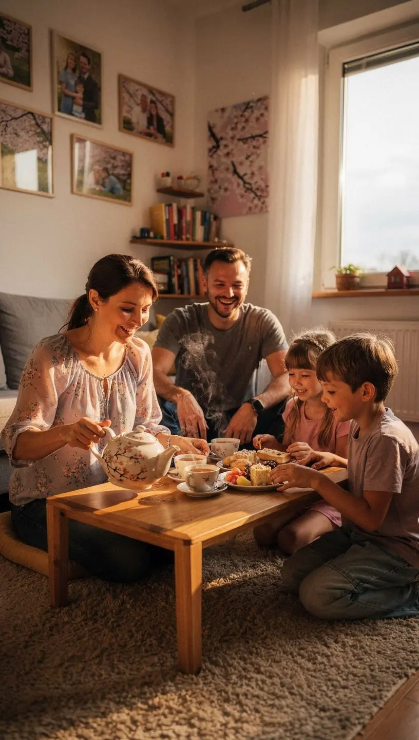 Pohľad na voňavé čerešňové kvety s čajovou kanvicou v pozadí.