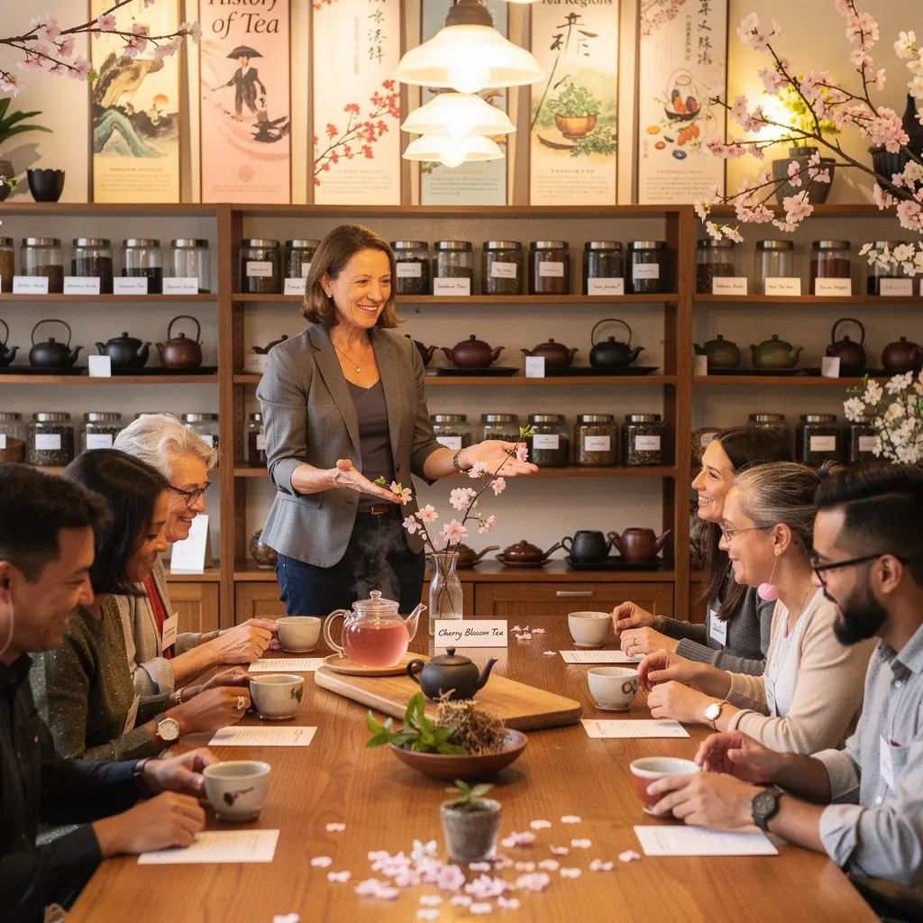 Záber na šálku čaju z čerešňových kvetov obklopenú kvetmi jari.