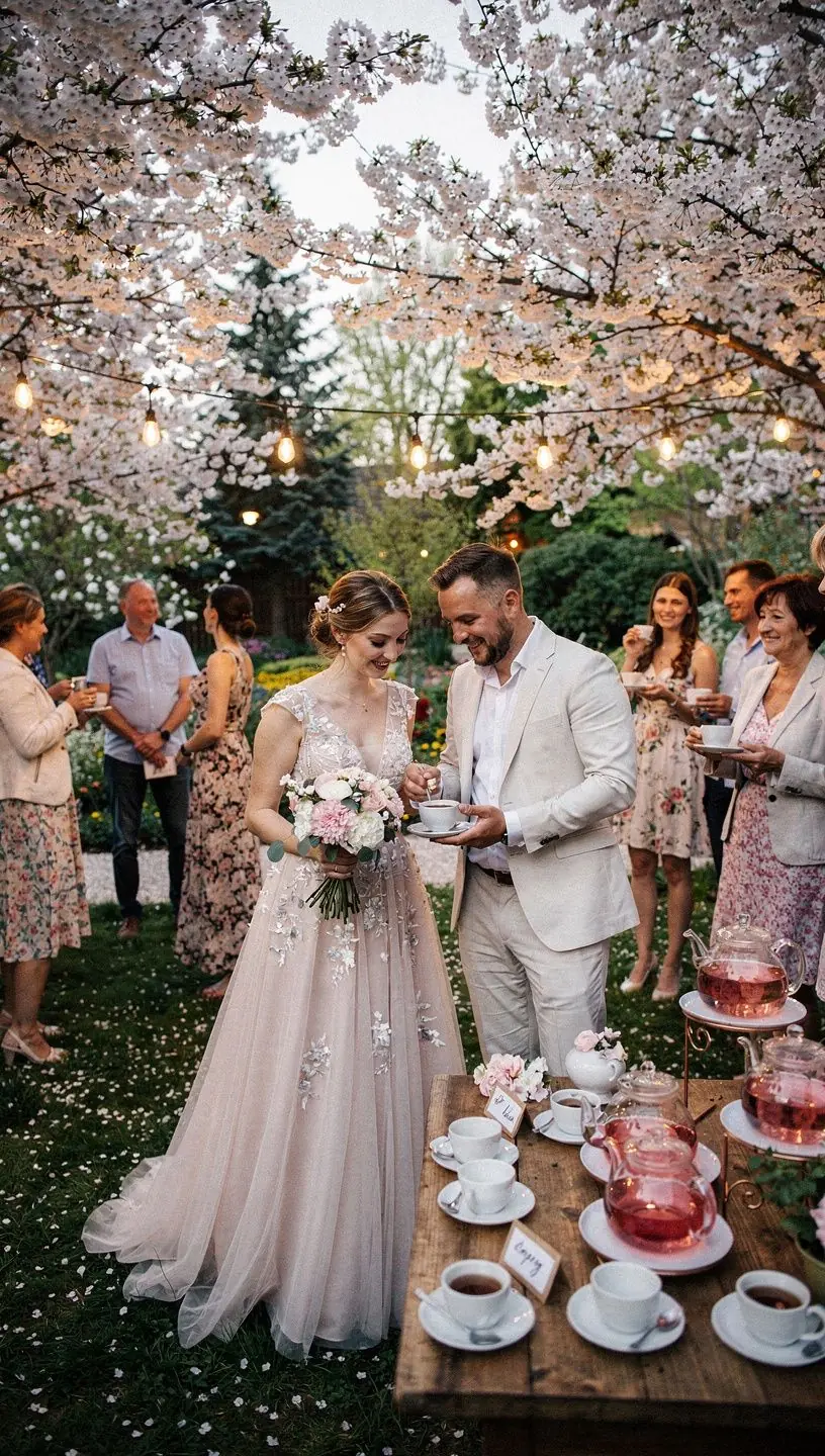 Detailný záber na lístky čaju s kvetmi čerešne a jemnou parou.