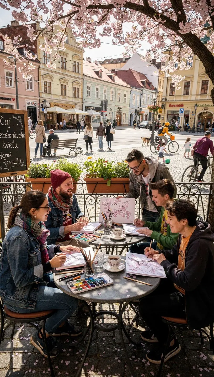 Pohár s čajom z čerešňových kvetov obklopený kvetinami v jarnej záhrade.