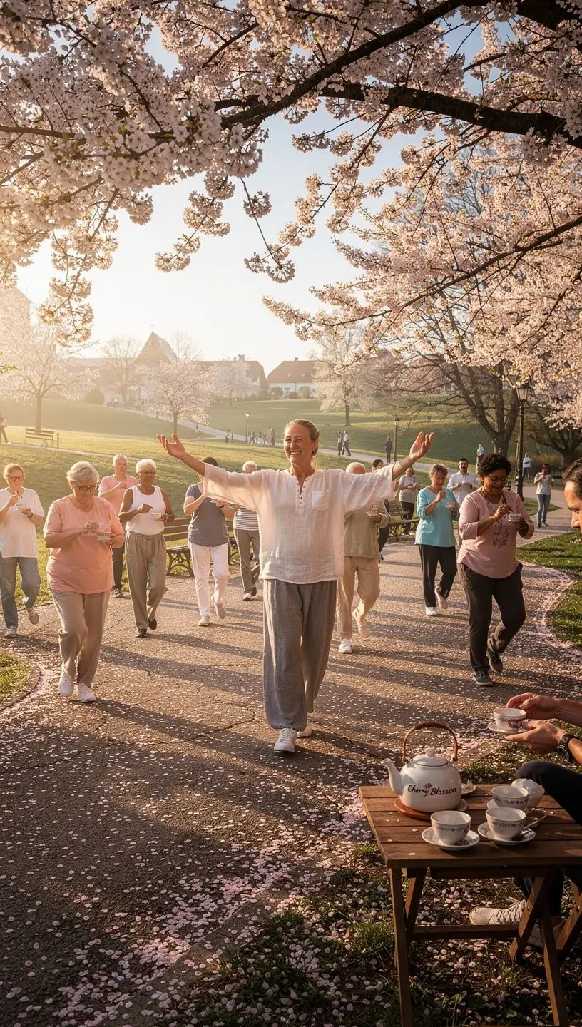 Detailný pohľad na lístky čerešňových kvetov plávajúce na hladine čaju.