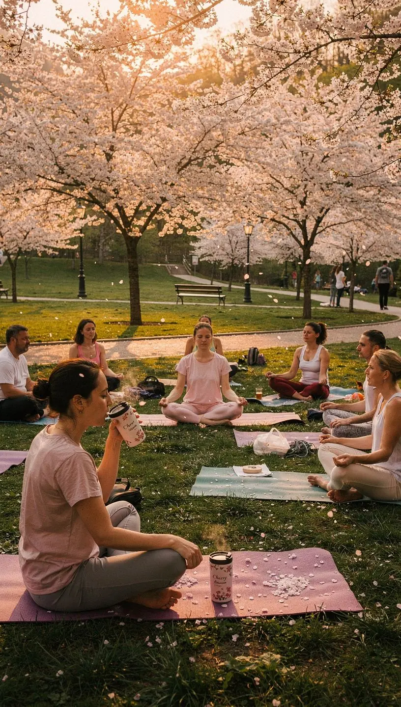 Šálka čaju s čerešňovými kvetmi a čerstvými bylinkami na drevenom stole.