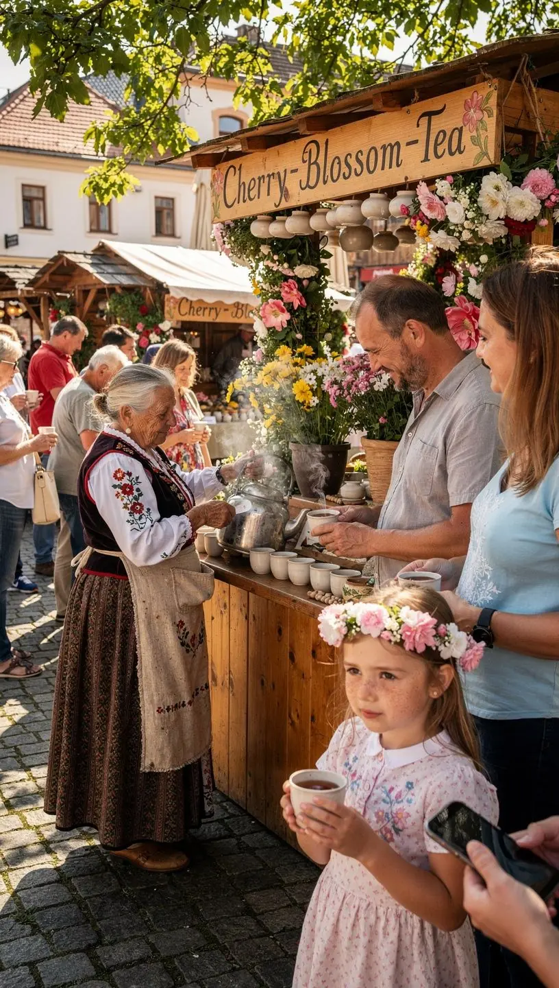 Jarná scenéria s čajom a rozkvitnutými čerešňami v pozadí.