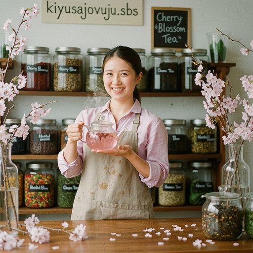 Scéna jarného pikniku s čajom a kvetmi čerešne.